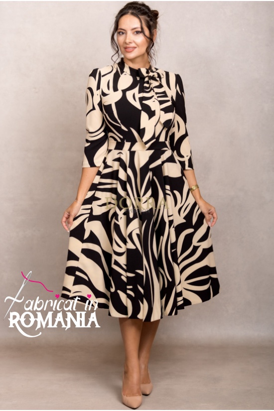 Rochie office Shila crem cu maneci 3/4 si funda decorativa